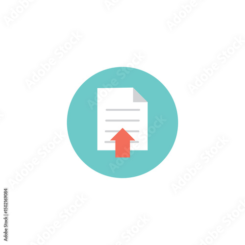 Flat icon showing a white document with a red upward arrow on a teal circle background. Represents file upload, data sharing, digital submission, or online document transfer.