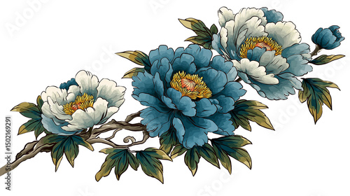 和風デザインの牡丹の花イラスト素材｜白と黒の上品な配色が美しい日本伝統文様風の背景デザインに最適なフリー素材｜和柄・花柄・装飾・高級感・タトゥー風