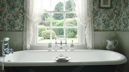Vintage Styled Bathroom With Bathtub And Floral Wallpaper Near The Window