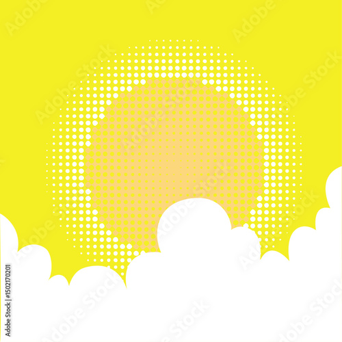 黄色い灼熱真夏の太陽と入道雲のコピースペース有りベクターイラスト背景