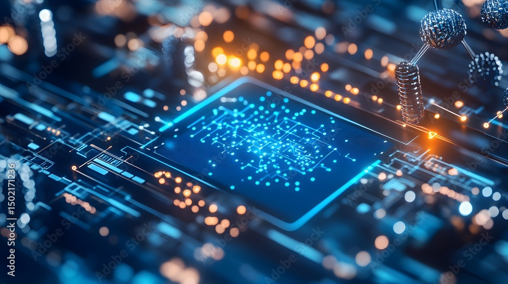 Close-up view of a futuristic circuit board with complex digital network. Close-up view of a futuristic circuit board with complex digital network.