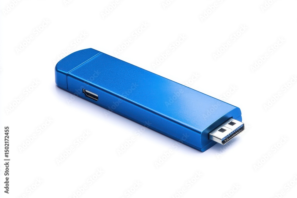 A blue media streaming device with hdmi connector on white background A blue media streaming device with hdmi connector on white background