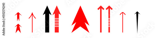 arrows up icon set isolated on white background, with variable head size and variable long body arrow red