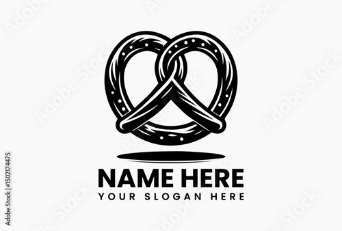 Elegant pretzel silhouette with salt crystal details in monochrome vector logo. Gourmet snack branding  