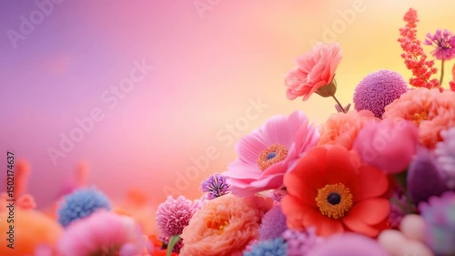 Soft colorful flower bouquet with pink, red, purple, and orange blossoms in dreamy pastel background creating warm and cheerful spring atmosphere and warm light for soft blossom display