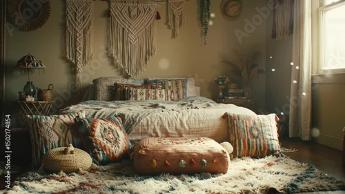 Bohemian Bedroom Interior With Macrame Wall Decor And Textured Textiles