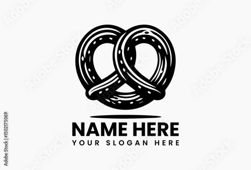 Elegant pretzel silhouette with salt crystal details in monochrome vector logo. Gourmet snack branding  