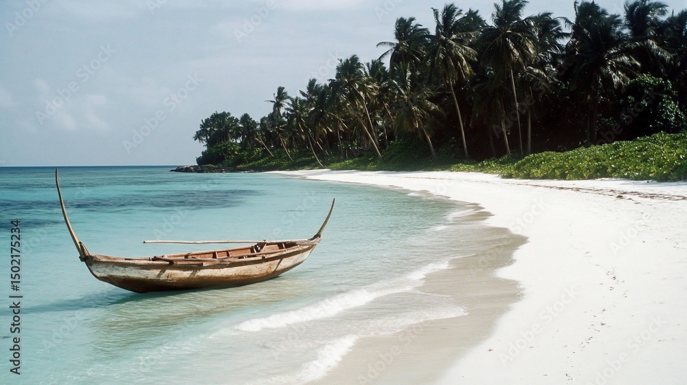 Fototapeta premium Serene Tropical Beach Scene with Traditional Boat and Palm Trees