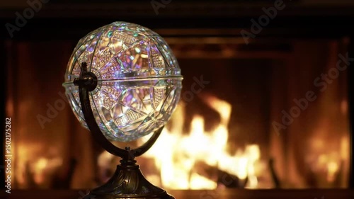Decorative Crystal Orb Illuminated Against a Warm Fireplace Ambience