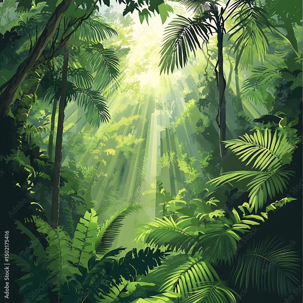 Naklejka premium Lush tropical forest scene bathed in sunlight.