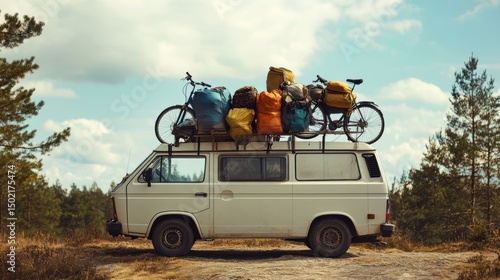 Vintage Camper Van Loaded with Gear and Bicycles on a Rooftop Rack Ready for Adventure