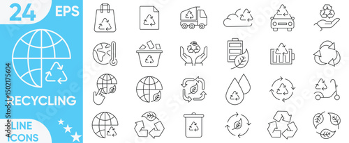 Recycling icons set.recycling, plant, nature, earth, sorting, green energy, ecology, management, sustainability, includes recycling, power and more.Vector and illustrator set.