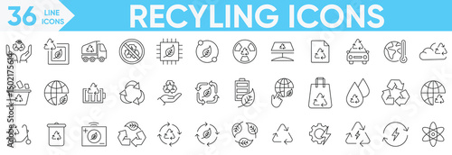 Recycling icons set.recycling, plant, nature, earth, sorting, green energy, ecology, management, sustainability, includes recycling, power and more.Vector and illustrator set.
