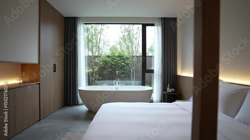 Modern Bedroom Oasis Bathtub Overlooking Serene Garden