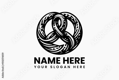 Minimalist black and white pretzel illustration with salt accents vector logo. Artisan bakery concept  