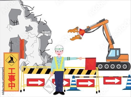 ビルの解体現場で車を誘導している交通誘導員。