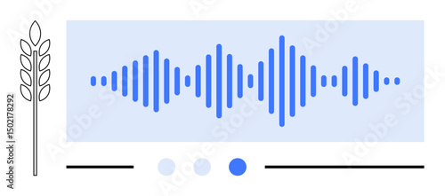 Blue waveform pattern inside a light blue box next to a wheat spike icon, symbolizing data and agriculture. Ideal for technology, agriculture, innovation, analytics, sustainability, research, simple