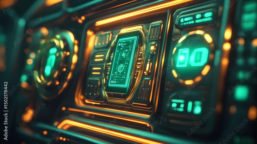 Obraz premium Futuristic dashboard panel with glowing displays.