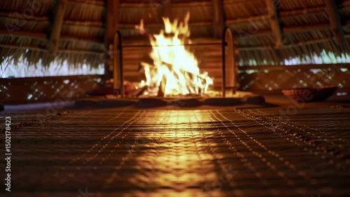 Cozy Fireplace In A Traditional Thatched Roof Hut With Woven Floor
