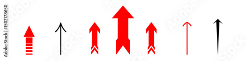 arrows up icon set isolated on white background, with variable head size and variable long body arrow red