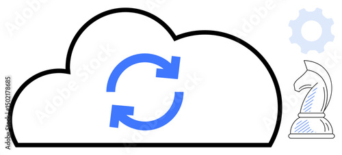 Cloud outline with blue sync arrows, chess knight, and gear icon. Ideal for cloud computing, data integration, strategy, automation, innovation, decision-making flat simple metaphor