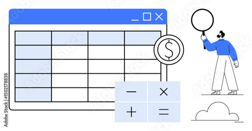Spreadsheet interface, calculation icons, dollar sign coin, person holding a balloon. Ideal for financial management, data analysis, business strategy, accounting, education digital tools simple