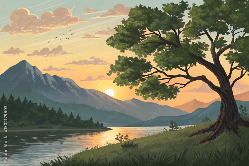 Illustration of a quiet evening landscape. A big tree with green leaves, a quiet lake and mountains as a backdrop for the evening sun.