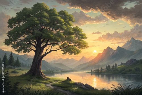 A quiet evening view, a big tree with green leaves, a quiet lake and majestic mountains in the distance. The evening sun.