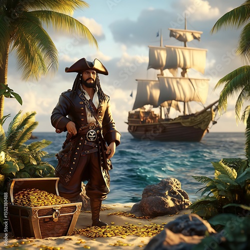 A pirate stands on a tropical beach with a treasure chest and a ship in the background.