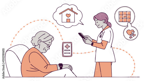 Home healthcare: A caregiver providing assistance to an older adult, illustrating compassion, technological innovation, and personalized care.