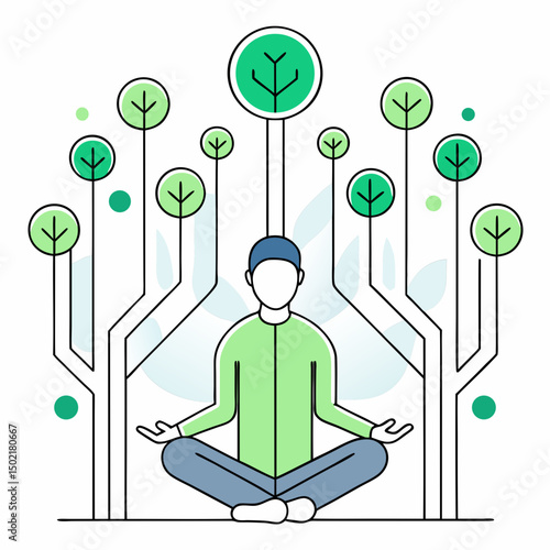 Inner Harmony: A figure practices meditation, sitting serenely amidst stylized trees, symbolizing inner peace and the connection with nature.
