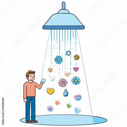 Rejuvenation of the Mind: A person experiences a whimsical shower, symbolized by falling flowers and hearts. This digital illustration evokes a feeling of renewal and joy.