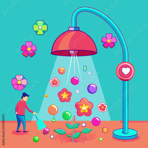 Nurturing Blossoms: An illustration capturing a person watering a flower in a creative way