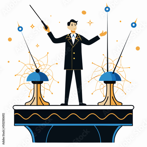 Maestro of Technology: A sleek illustration depicts a conductor elegantly directing a symphony of technology, embodying innovation and harmonious precision.