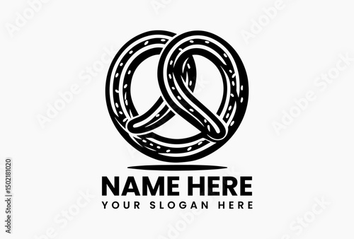 Classic pretzel vector logo with intricate salt detailing in stylized black and white. Bakery and snack food emblem  