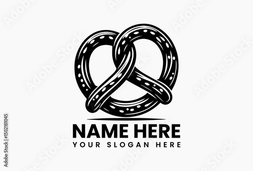 Classic pretzel vector logo with intricate salt detailing in stylized black and white. Bakery and snack food emblem  