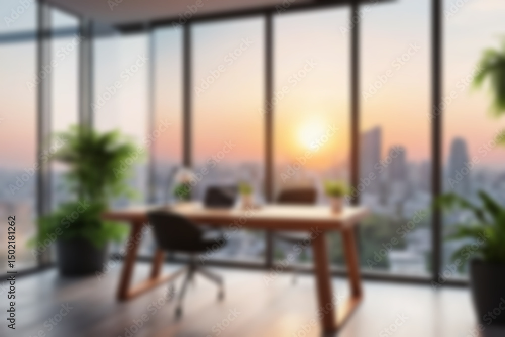 Blur background of office interior with large windows with city urban view, plants, and wooden desks at sunset. Modern workplace and urban greenery concept. Design for poster, wallpaper. Spate. Blur background of office interior with large windows with city urban view, plants, and wooden desks at sunset. Modern workplace and urban greenery concept. Design for poster, wallpaper. Spate.