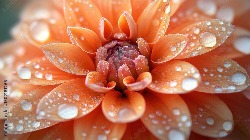 Fototapeta premium Close-up of a vibrant orange dahlia covered in water droplets