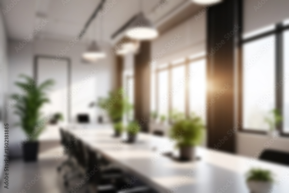 Fototapeta premium Blur background of office interior with large windows with city urban view, plants, and wooden desks at sunset. Modern workplace and urban greenery concept. Design for poster, wallpaper. Spate.