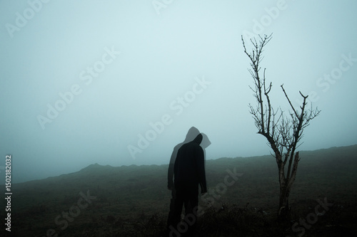 Fotografie A spooky hooded figure, standing next to a tree on a foggy winters day on the moors