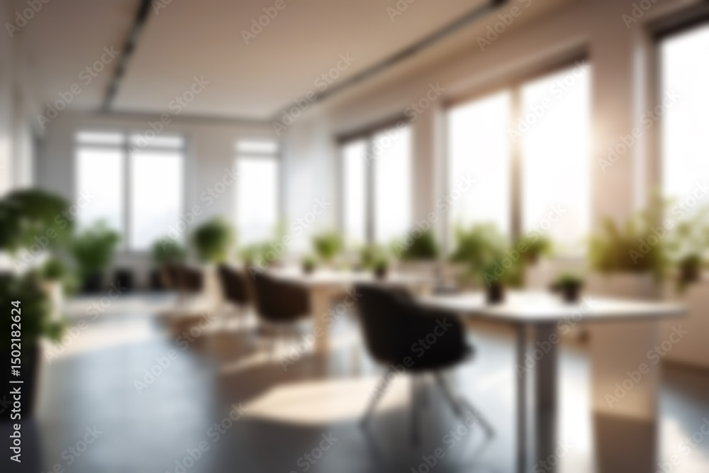Fototapeta premium Blur background of office interior with large windows with city urban view, plants, and wooden desks at sunset. Modern workplace and urban greenery concept. Design for poster, wallpaper. Spate.