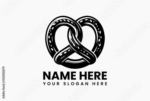 Classic pretzel vector logo with intricate salt detailing in stylized black and white. Bakery and snack food emblem  