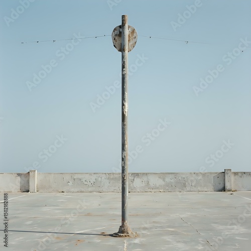 The image depicts a weathered metal pole with a circular sign affixed to it, standing in an open, flat concrete space with no other visible objects or text.