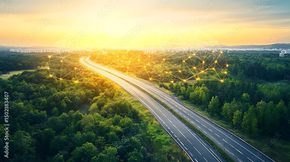 Fototapeta premium Highway sunset, network connection, city skyline