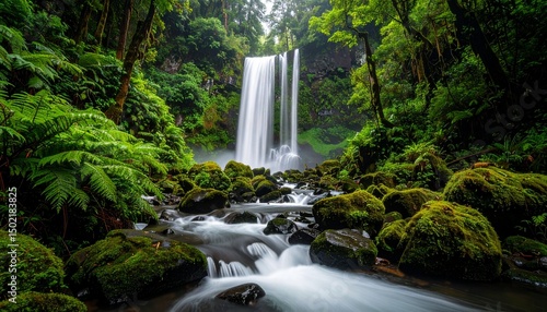 Cascading waterfall flows through lush forest