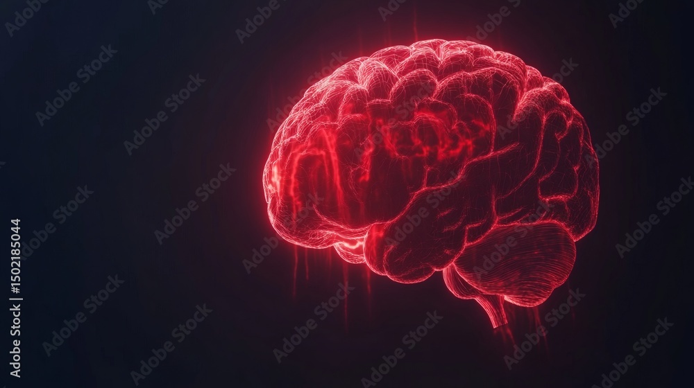 Red human brain silhouette on black background abstract object.
Red human brain silhouette on black background abstract object.