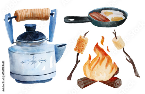 Watercolor camping kitchen set with campfire, kettle, and grilled food