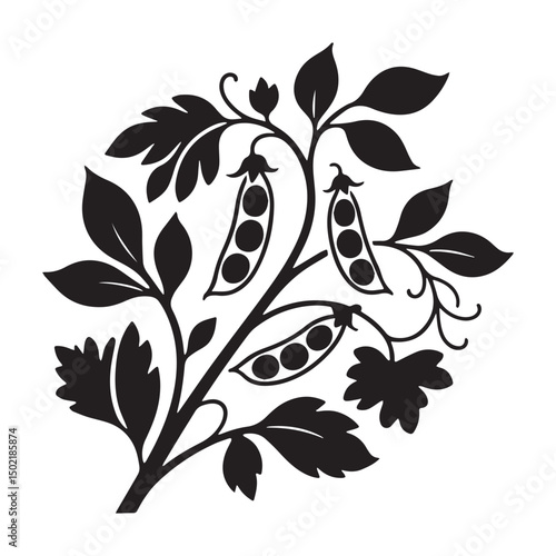 Black and White Floral Design with Pea Pods and Leaves  Silhouette on white background.