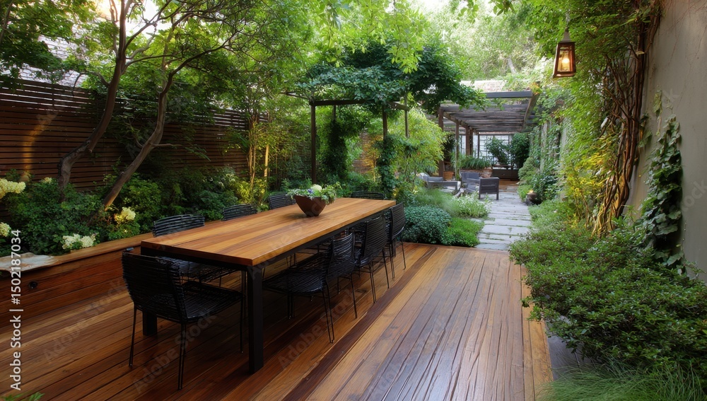 Fototapeta premium Outdoor dining area with garden landscape design