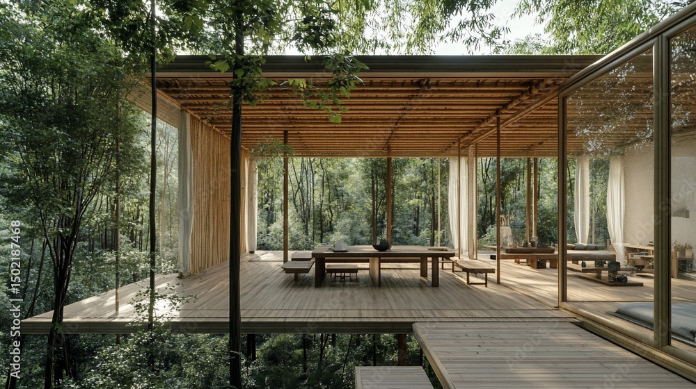 Fototapeta premium Architectural Harmony, A Modern Structure Nestled in a Tranquil Forest